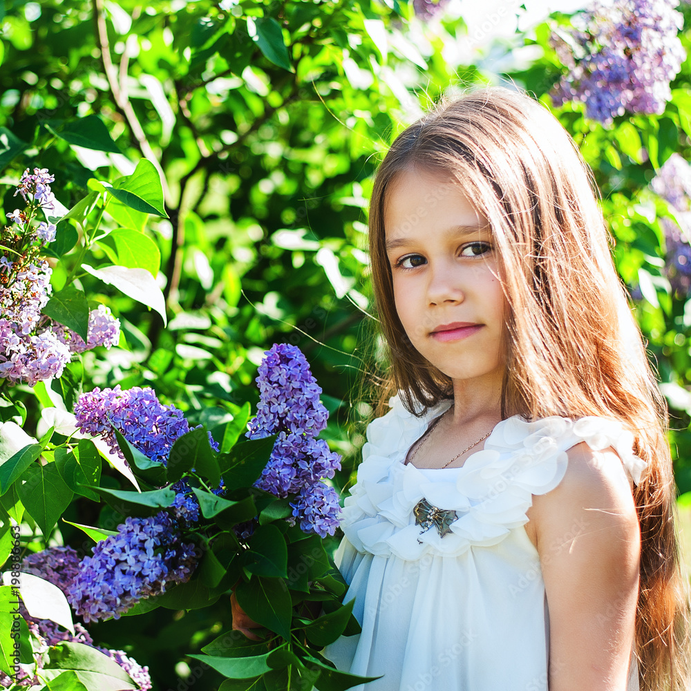 Beautiful girl enjoying the smell of lilacs. Cute model and flowers. The concept of aromatherapy and spring Beautiful girl enjoying the smell of lilacs. Cute model and flowers. The concept of aromatherapy and spring