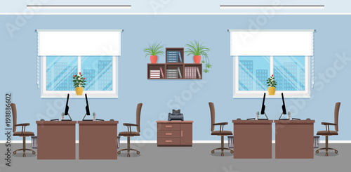 Workplace design with four workplaces, office furniture and windows. Office interior concept. Working indoor room.