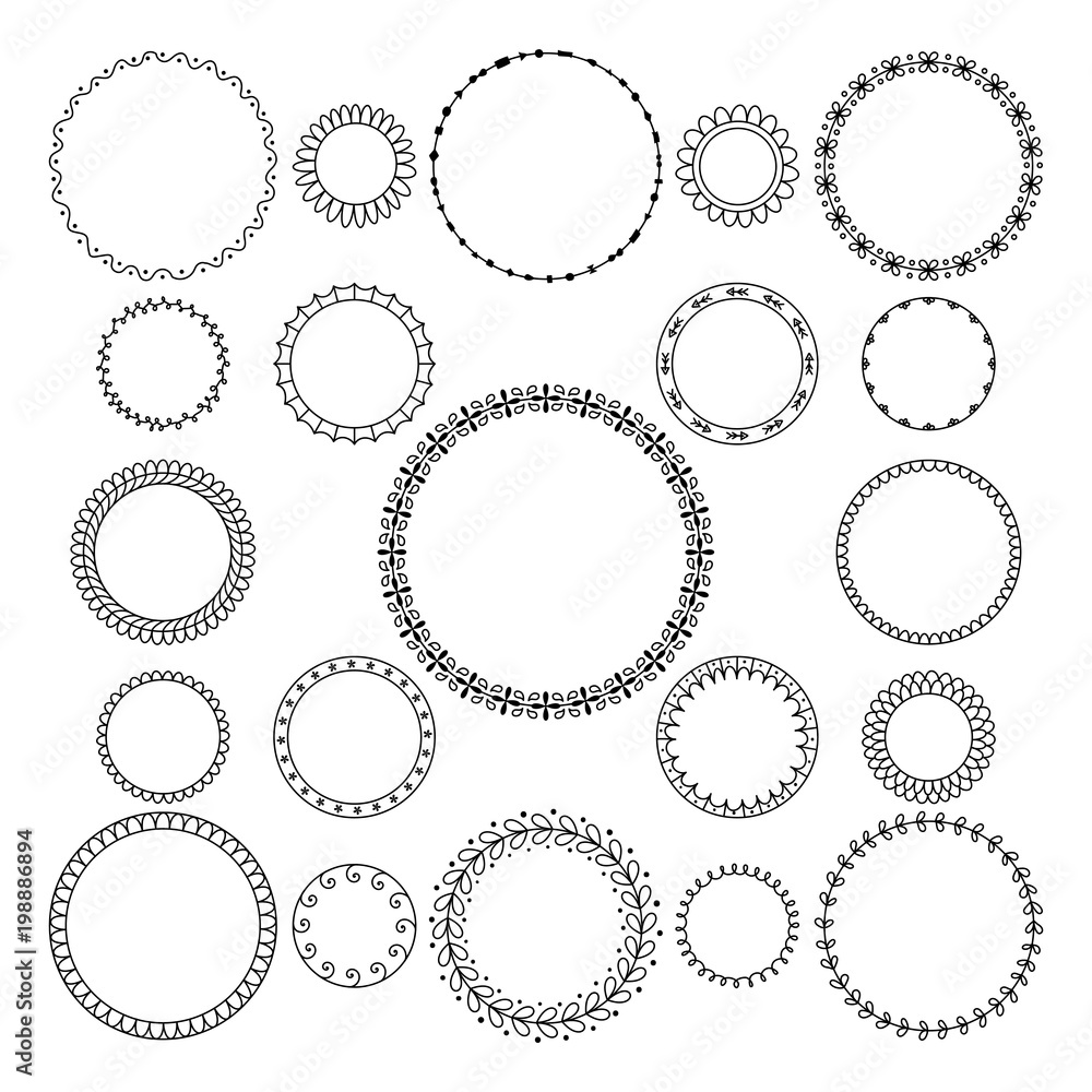 Vector set of round and circular decorative patterns for design frame. Black geometric frame