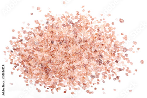 Himalayan salt grains isolated on white background, top view