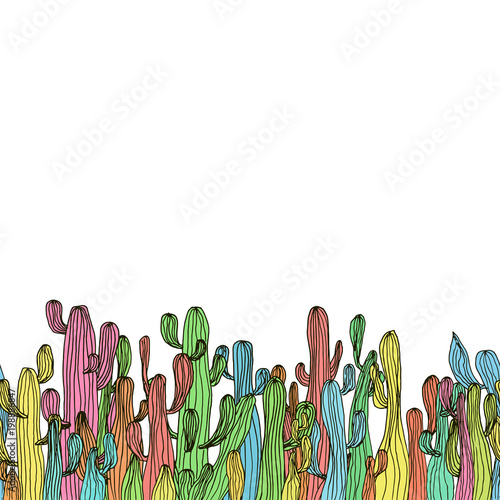 Vector seamless cactus border from colorful saguaro cactus. Sketch cactus background