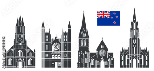 New Zealand set. Isolated New Zealand architecture on white background