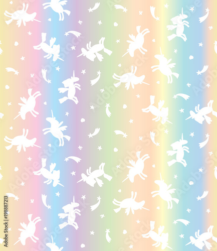 Vector seamless pattern of white unicorns on pastel rainbow background. Cartoon unicorn texture