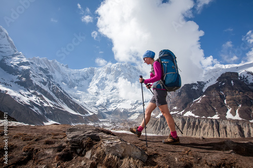 Trekker on the way to Annapurna base camp, Nepal photo