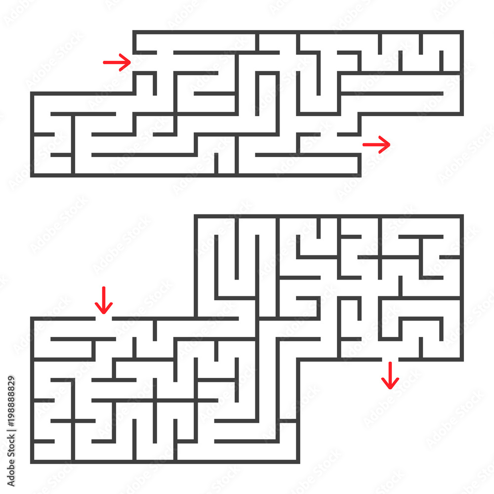 A set of two rectangular mazes with an entrance and an exit. Simple flat vector illustration isolated on white background. With a place for your image A set of two rectangular mazes with an entrance and an exit. Simple flat vector illustration isolated on white background. With a place for your image