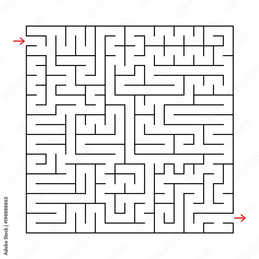 Abstract square labyrinth with a black stroke. An interesting game for children and adults. Simple flat vector illustration isolated on white background. Abstract square labyrinth with a black stroke. An interesting game for children and adults. Simple flat vector illustration isolated on white background.