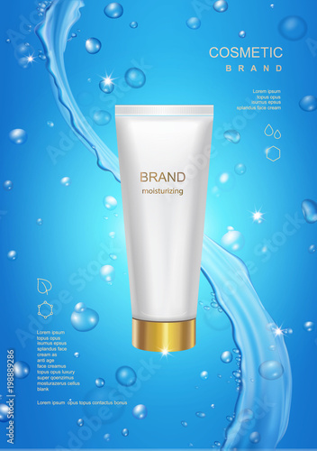Blank cosmetic tube package design on blue water background with splash Moisturizing cream advertising template