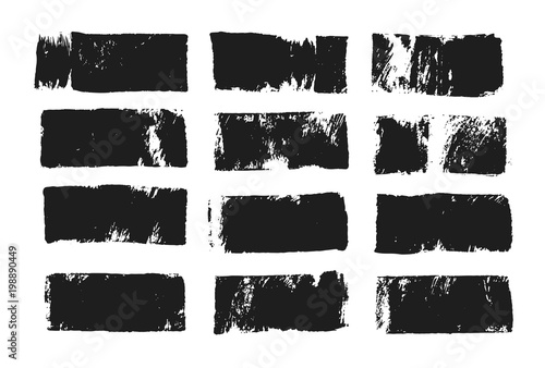 Abstract black smear of paint isolated on white background. Rectangular spot created with paint roller and black acrylic. Rectangular text box. Hand drawn textured design elements.