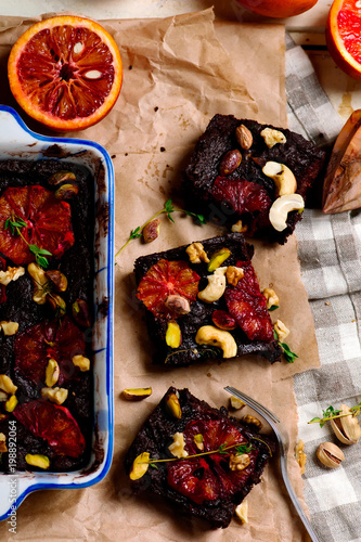 salty blood orange brownies with nuts and thyme