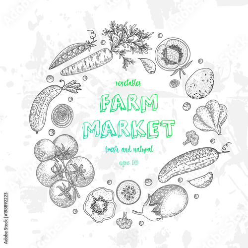 Vegetable vector circle with cucumber, tomato, eggplant, potato, carrot, broccoli. Healthy food design template with vector vegetables on grunge backgrond. Great for design menu, recipes, poster.