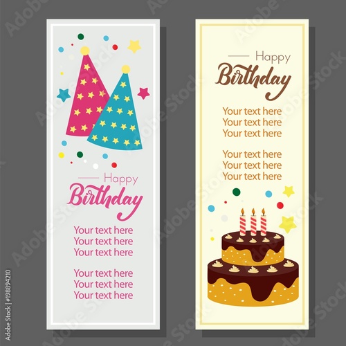 birthday vertical banner with cake in flat style