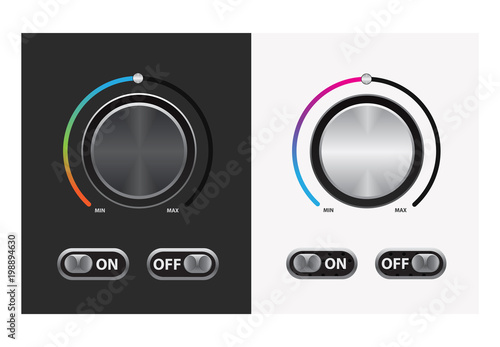 Switch round knob button. On dark and white background.