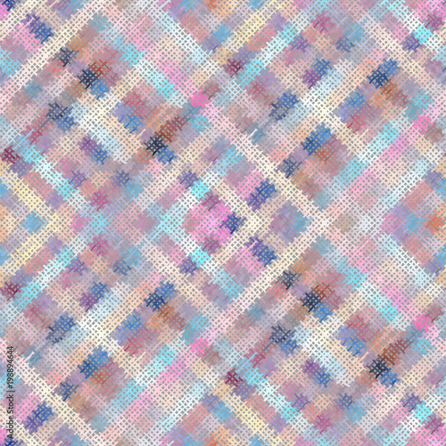 Seamless background pattern. Imitation of a texture of rough canvas painted with plaid pattern. Vector image.