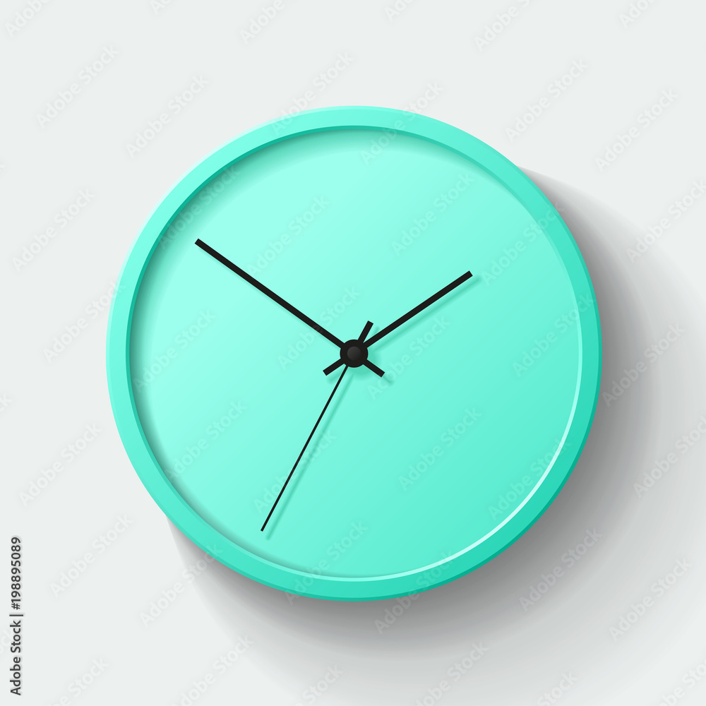 Simple wall green Clock in realistic style, minimalistic timer on light background. Business watch. Vector design element for you project Simple wall green Clock in realistic style, minimalistic timer on light background. Business watch. Vector design element for you project