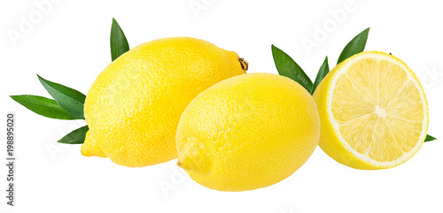 Fresh lemon with leafs isolated on white background with clipping path