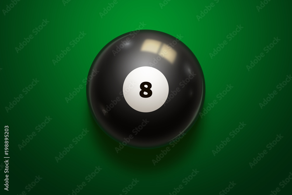 Black realistic billiard eight ball on green table. Black realistic billiard eight ball on green table.