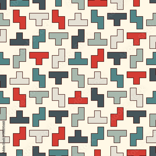 Repeated creative puzzle mosaic abstract background. Seamless surface pattern design with simple geometric ornament.