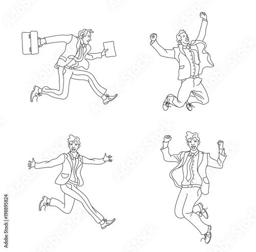 Businessman in different emotions and expressions. Businessperson in casual office look.various poses jumping people character. hand drawn style vector design outline.Jumping businessman