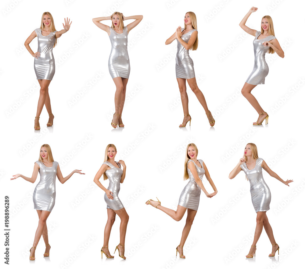 Fototapeta premium Young woman in silver dress isolated on white