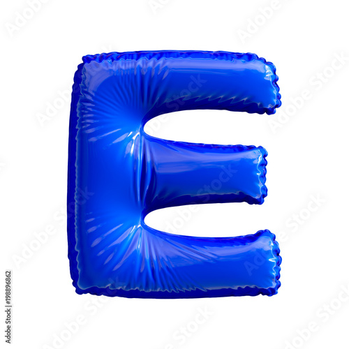 Blue letter E made of inflatable balloon isolated on white background photo