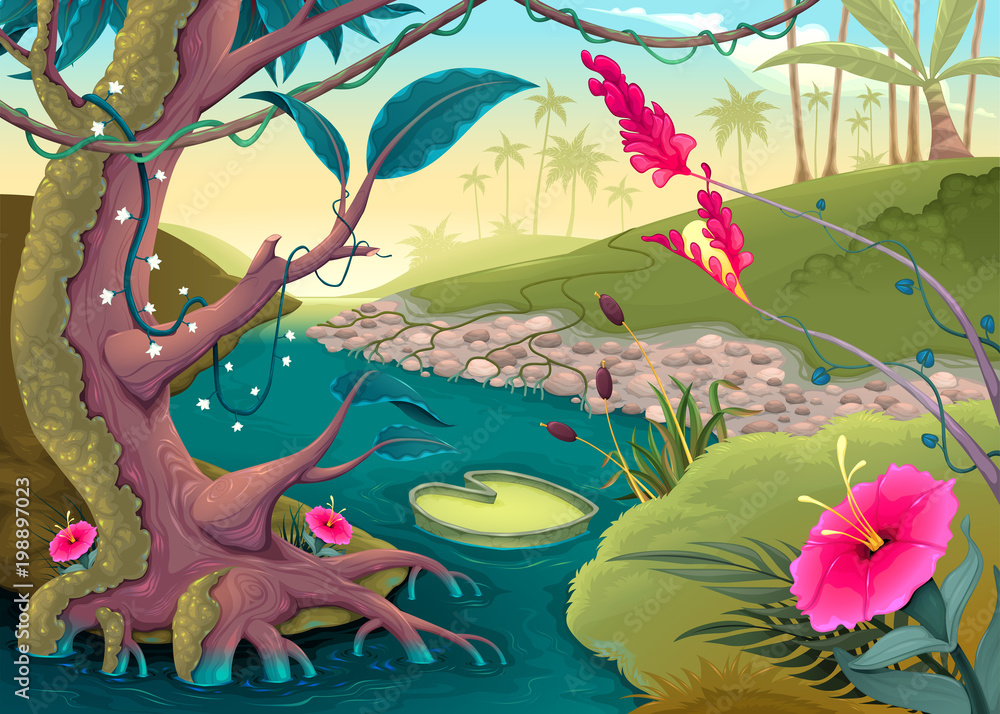 Obraz premium View on the forest with colored flowers and river