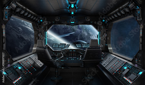 Fototapeta Naklejka Na Ścianę i Meble -  Spaceship grunge interior with view on exoplanet