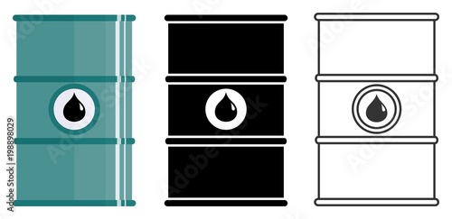 Industry concept. Set of different barrels for oils, hazardous, dangerous, flammable and poisonous substances isolated in flat style: colored, black silhouette and contour. Vector illustration