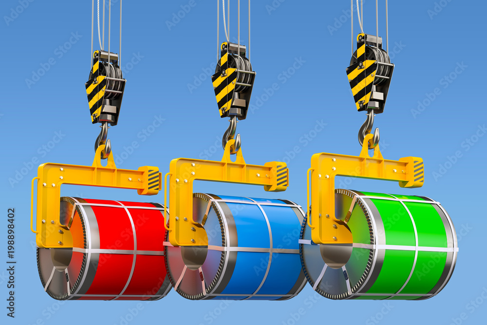 Crane hooks with galvanized steel sheet with polymer coating in coils, 3D rendering