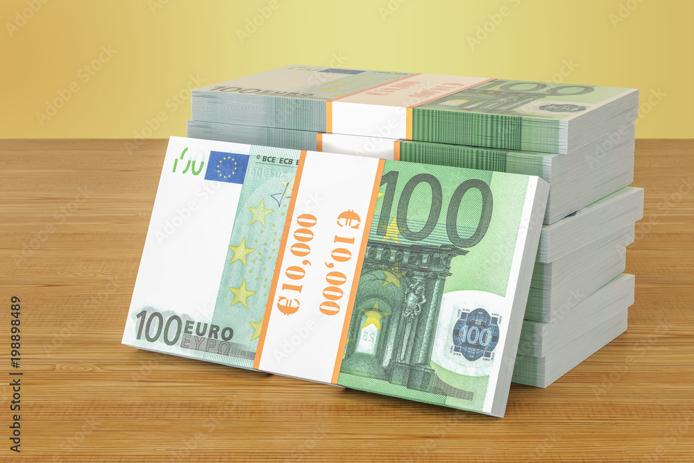 Euro packs on the wooden table. 3D rendering - obrazy, fototapety, plakaty 
