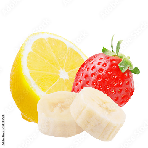 Lemon strawberry and sliced banana isolated on white background photo