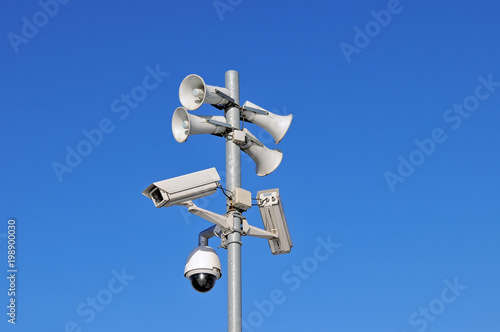 CCTV security cameras and loudspeakers