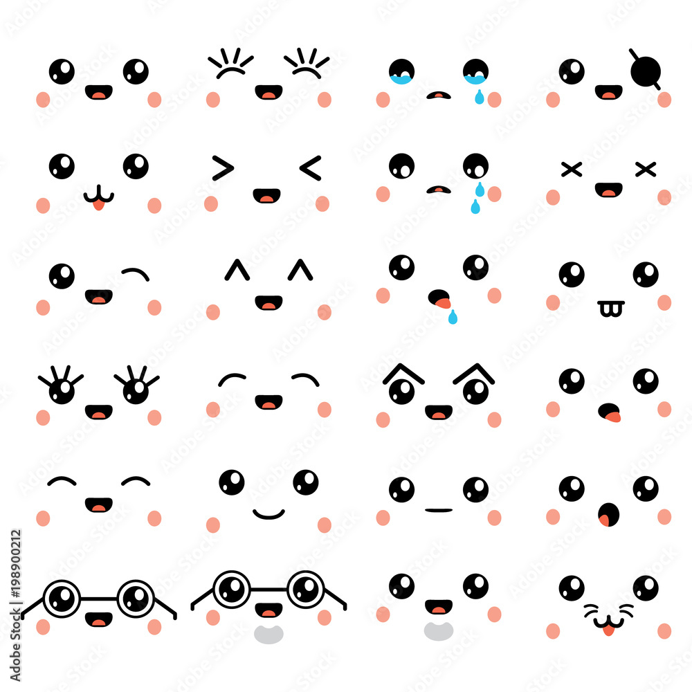 Kawaii or cute emoticon, emoji and face icons set. Vector. Kawaii or cute emoticon, emoji and face icons set. Vector.