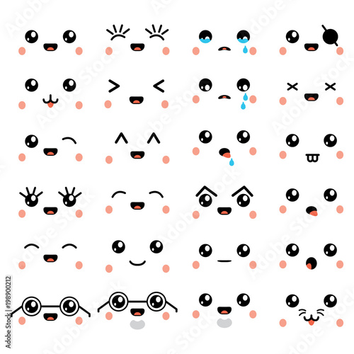 Kawaii or cute emoticon, emoji and face icons set. Vector.