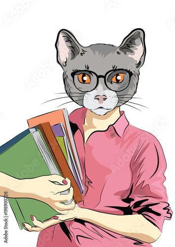 Cute cat girl with books. Student cat girl. Vector illustration