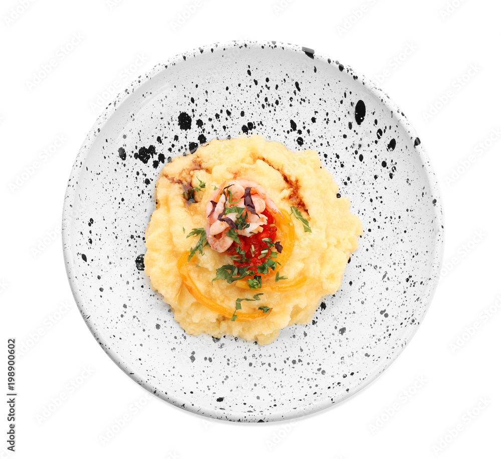 Plate with tasty shrimps and grits on white background, top view Plate with tasty shrimps and grits on white background, top view