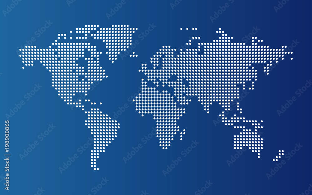 Obraz premium Mapa świata z kropkami. Mapa kontynentów świata z kropkami na niebieskim tle.