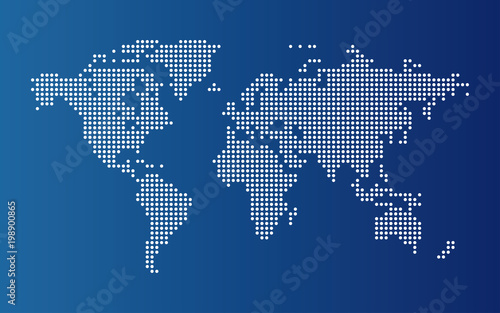 Dotted world map. Continents of the World map with dots on blue background. 