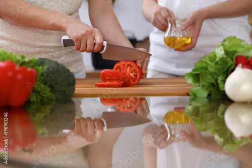 Closeup of human hands cooking in kitchen. Mother and daughter or two female cutting tomato for salad. Healthy meal, vegetarian food and lifestyle concepts
