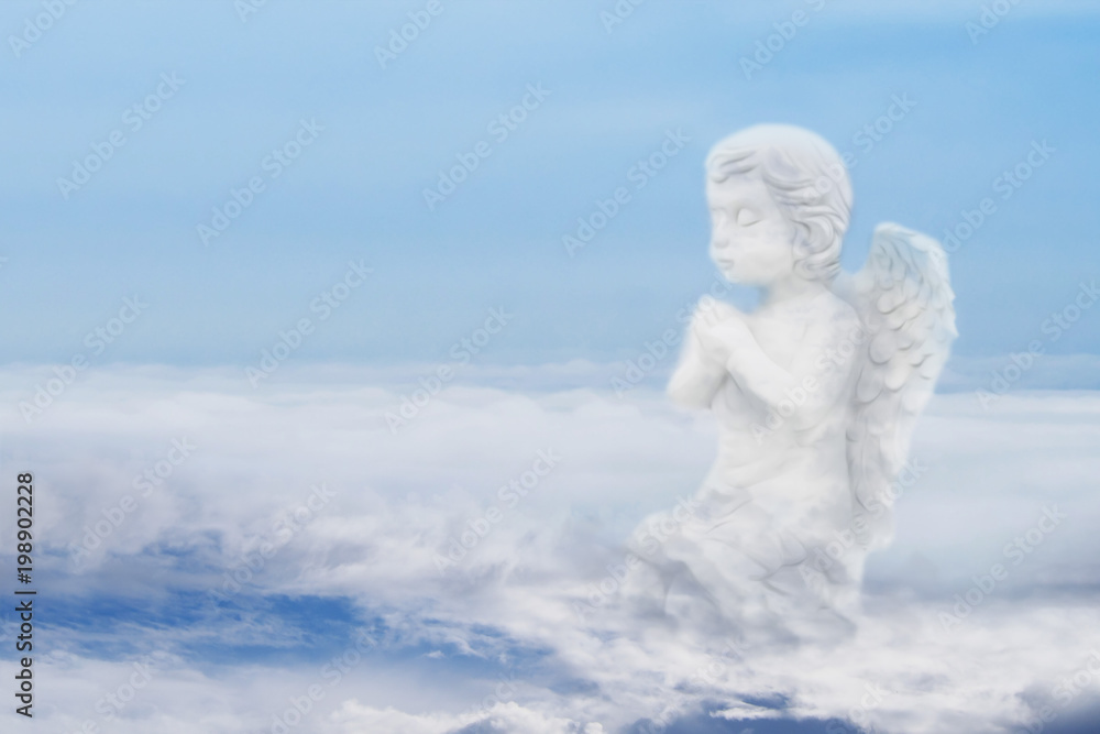 Illustration Concept Art of White Clouds with The Appearance of Sitting Baby Angel over Blue Sky Background. Illustration Concept Art of White Clouds with The Appearance of Sitting Baby Angel over Blue Sky Background.