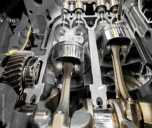 Inside view of 4 stroke engine cylinders, pistons and valves