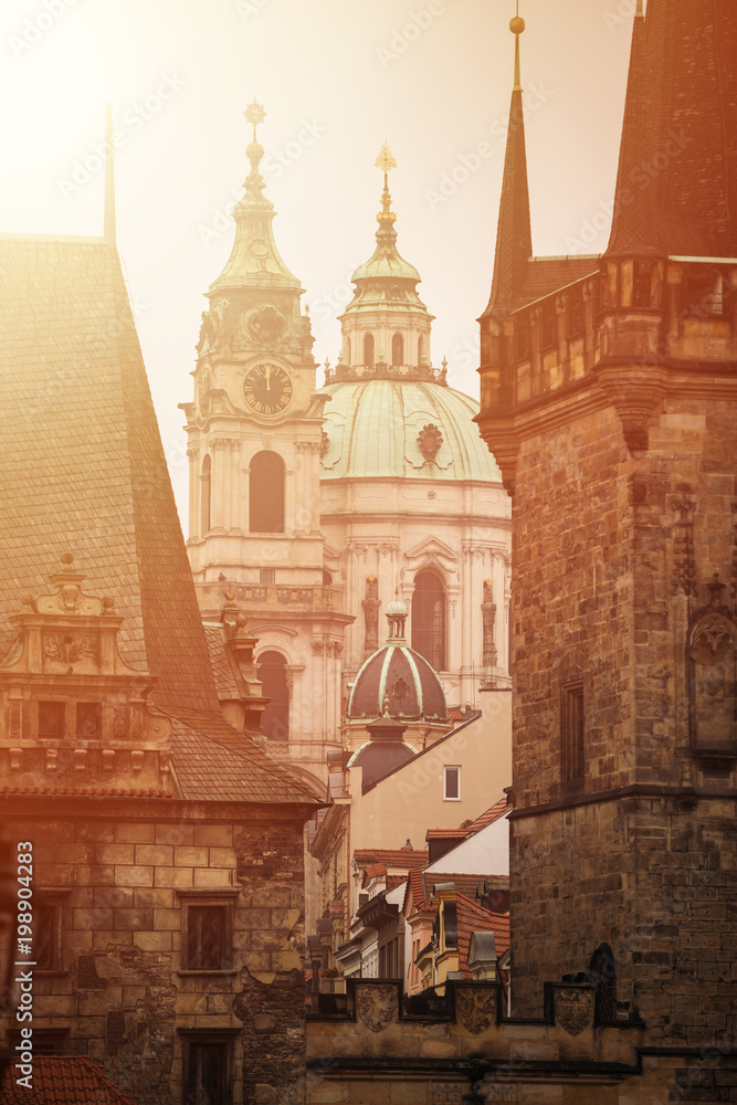 Close up of Prague's towers during sunset.