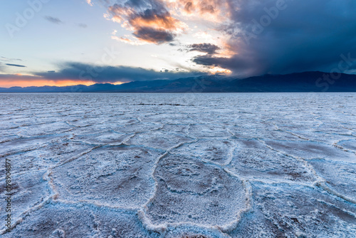 Sunset Salt Flats - A Spring sunset view of salt flats of Badwater Basin at Death Valley National Park, California, USA.