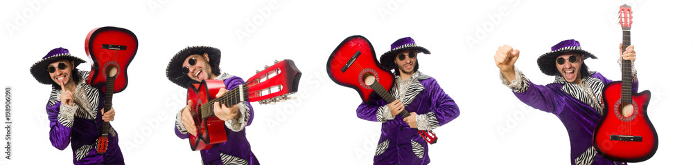 Man in funny clothing holding guitar isolated on white Man in funny clothing holding guitar isolated on white