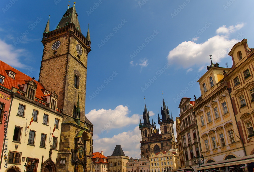 The Clock Tower with The Old Town Square and Our Lady Before Tyn in the background, Prague, Czech Republic The Clock Tower with The Old Town Square and Our Lady Before Tyn in the background, Prague, Czech Republic