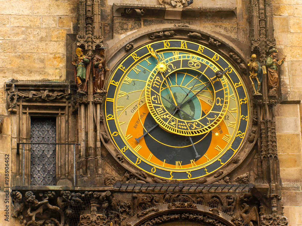 Obraz premium The famous Astronomical Clock at the southern side of the Old Town Hall Tower in Prague, Czech Republic