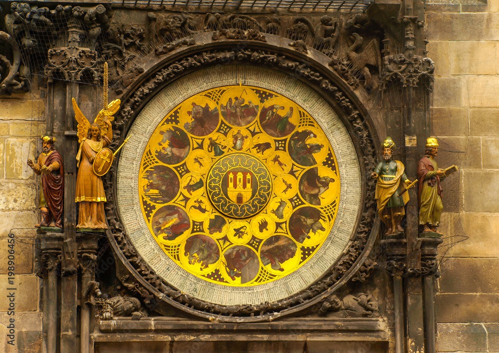 The famous Astronomical Clock at the southern side of the Old Town Hall Tower in Prague, Czech Republic