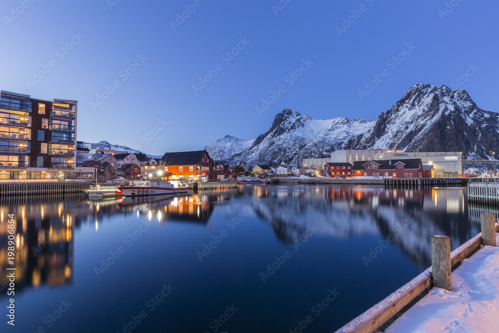Night view over the harbor and city center of Svolvaer, Lofoten,