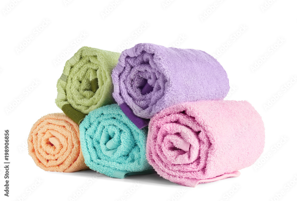 Clean rolled towels on white background. Laundry day Clean rolled towels on white background. Laundry day