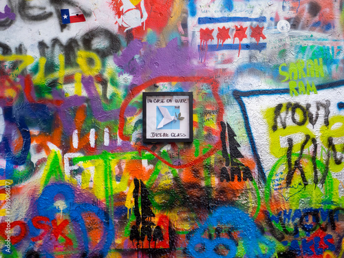 John Lennon tribute wall with colorful graffiti in Prague, Czech Republic