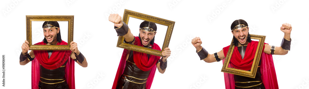 Gladiator holding picture frame isolated on white